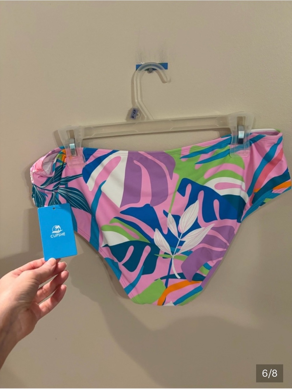 Cupshe Blue Ribbed Scoop Bikini Top with Pink Tropical Print Bottoms - Picture 6 of 8